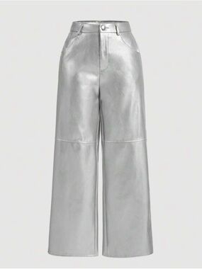 Silver Wide-Leg Faux Leather Pants